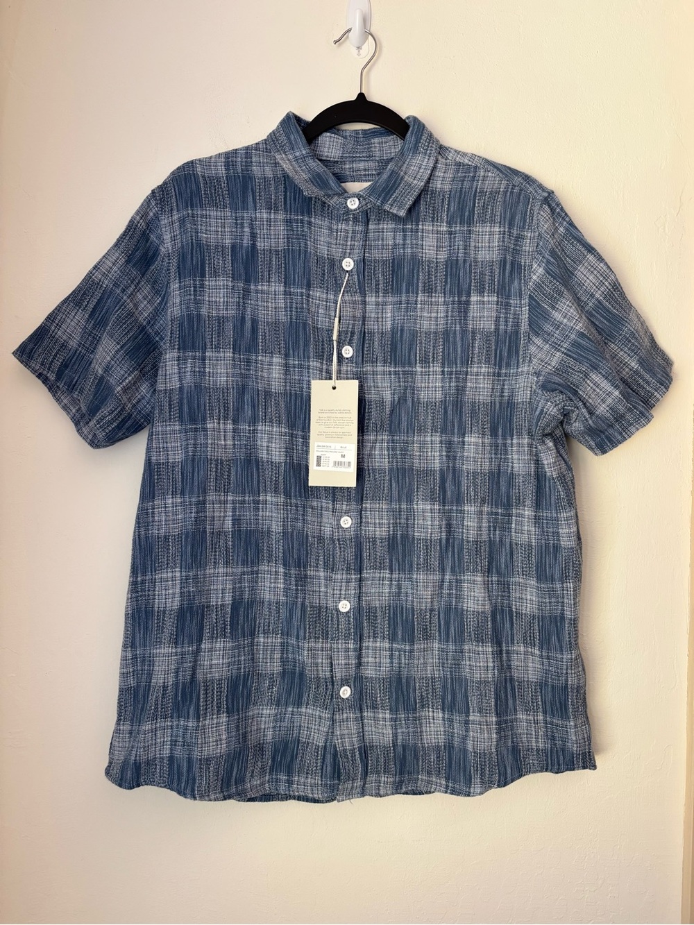 Folk Clothing William Short Sleeve Revere Shirt in Blue Mens Medium NEW Textured